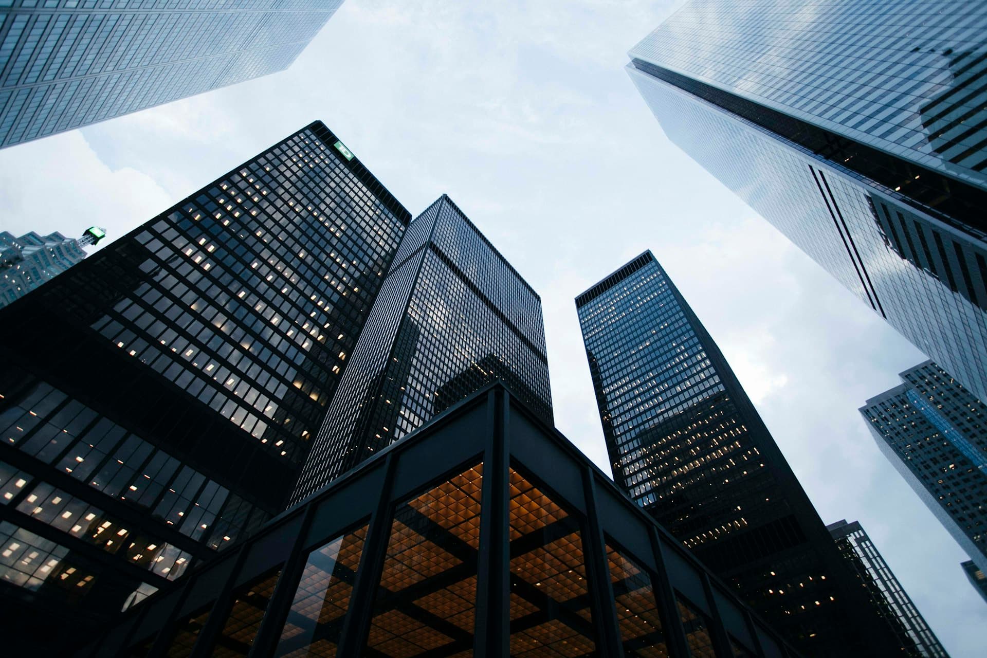 Office towers viewed from below in downtown Dallas